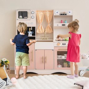 Cozinha de madeira para crianças de 3 anos com micro-ondas, máquina de café, máquina de gelo, lava-loiça, relógios, forno e acessórios Rosa