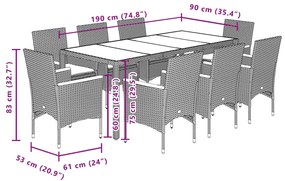 9 pcs conjunto jantar jardim c/ almofadões vime PE/acácia bege