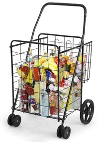 Carrinho de Compras Duplo Portátil com Rodas Giratórias Cesto Metálica Dupla para Roupa Bagagem de Alimentos 61 x 62 x 102 cm Preto