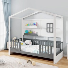 Estrutura cama de criança com prateleiras Grades para janelas e vedação Ripas de madeira 206 x 97 x 192 cm Branco e cinzento