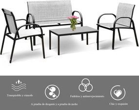 Conjunto Jardim de Mesa de Centro, 2 Cadeiras, Banco e Mesa de Centro de Jardim em Ferro e Malha para Terraço Exterior Cinzento