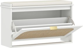 HOMCOM Banco para Sapatos Boho com Assento Acolchoado Porta de Rattan Gaveta Basculante Prateleira Ajustável 8 Pares 80x26x47,5 cm Branco | Aosom Portugal