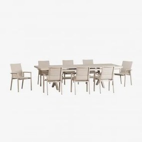 Conjunto De Mesa Retangular Extensível 240-300x100 Cm E 8 Cadeiras De Jardim Empilháveis Com Apoios De Braços Em Alumínio Karena Tapioca Bege - Sklum