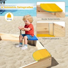 Caixa de areia hexagonal de madeira para crianças 140 x 122 x 14 cm combinada com vaso aberto e 6 assentos para pátio exterior para crianças com mais