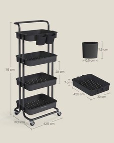 Carrinho com 4 prateleiras 37,3 x 42,5 x 115 cm preto