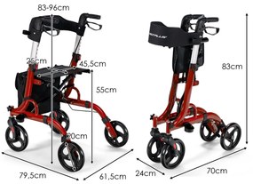 Andarilho 2 em 1 dobrável para idosos com assento Rodas Pegas Altura ajustável Duplo sistema de travões 79,5 x 61,5 x 83-96 cm Vermelho