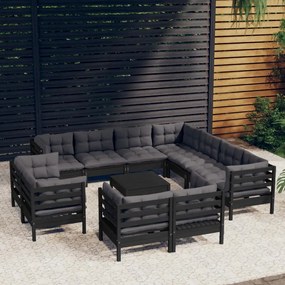 vidaXL 12 pcs conjunto lounge jardim c/ almofadões pinho maciço preto