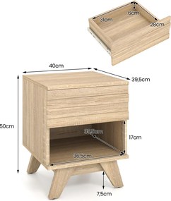 Mesa de Cabeceira, 40 x 39,6 x 50 cm, Amplo Espaço de Arrumação, Natural