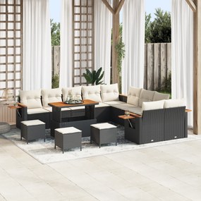 Conjunto de Sofá de Jardim de 14 Peças com Almofadas Preto Rattan Polipropileno Acácia