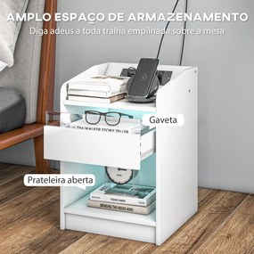 Mesa de Cabeceira com Luzes LED Gaveta Prateleira Estação de Carregamento Entrada USB e Controlo Remoto 40x40x58 cm Branco