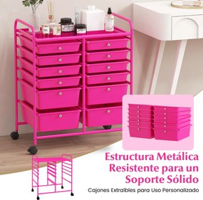 Carrinho auxiliar com rodas e 12 gavetas empilháveis 64 x 38 x 75 cm com estrutura metálica para cozinha, escritório e casa de banho Rosa