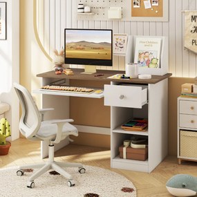 Secretária  para crianças com bandeja para teclado, gaveta e estante multifuncional (CADEIRA NÃO INCLUIDA)  Carvalho+Branco