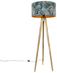 Tripé Vintage em Madeira com Abajur Verde-Pavão 50 cm - Tripod Classic Rústico