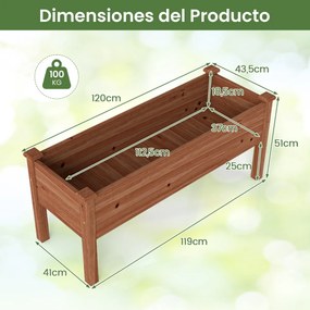 Floreira jardim elevada de madeira de abeto 120 x 43,5 x 51 cm com 5 orifícios de drenagem Café
