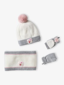 Agora -30%: Conjunto gorro + gola snood + luvas/mitenes "Love" para menina cru