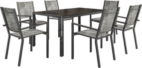 Mesa de jardim para exterior com 6 cadeiras empilháveis, tampo com ripas de 150 cm, estrutura em aço inoxidável, preta
