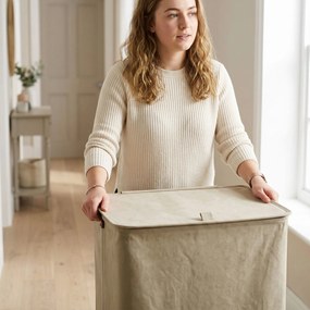 Cesto de Roupa Suja com Tampa e Rodas, 50L, Dobrável com Bolsa com Cordão Removível, 40x30x65 cm, Castanho