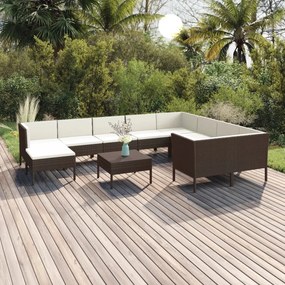 vidaXL 11 pcs conjunto lounge jardim c/ almofadões vime PE castanho
