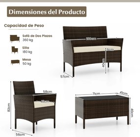 Conjunto de jardim, 4 peças: mobiliário de exterior com cadeira, sofá de 2 lugares e mesa de vidro temperado Castanho misto e almofadas Creme