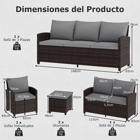 Conjunto de 6 Peças de Jardim com Sofás, Poltronas e Apoios para os Pés, Vime de PE, Castanho e Cinzento