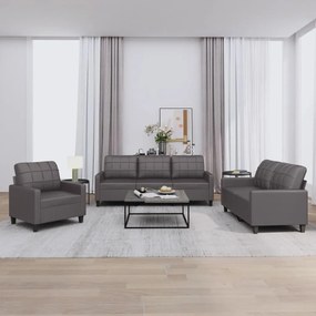 3201340 vidaXL 3 pcs conjunto de sofás c/ almofadões couro artificial cinzento