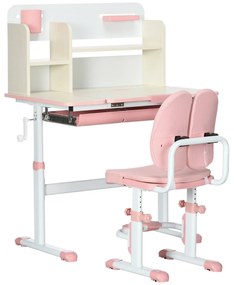 HOMCOM Conjunto de Secretária e Cadeira para Crianças com Altura Ajustável Gaveta Prateleiras e Bancada Inclinável 80x52x88-109 cm Rosa e Branco