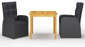3 pcs conjunto de jantar para jardim preto