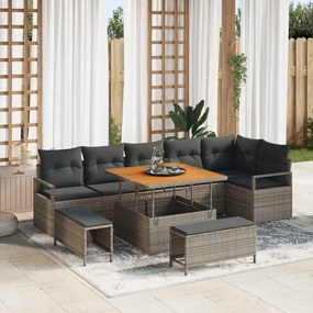 Conjunto de Sofá de Jardim de 9 peças com Almofadas Cinza Polirattan Acácia