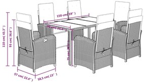 7 pcs conjunto de jantar p/ jardim c/ almofadões vime PE preto