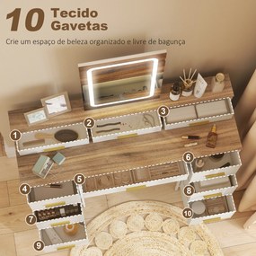 Toucador com Luzes LED de 3 Cores Espelho 10 Gavetas de Tecido e Pés em Aço 118,5x39,5x140 cm cor madeira, cinzento e dourado