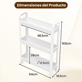 Carrinho estreito de 3 níveis com rodas e pegas54×18,5×76 cm Organizador móvel para cozinha, casa de banho, lavandaria e escritório Branco