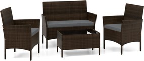 Conjunto de jardim, 4 peças: mobiliário de exterior com cadeira, sofá de 2 lugares e mesa de vidro temperado Castanho misto e almofadas Cinzentas