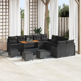 Conjunto de Sofá de Jardim de 14 Peças com Almofadas Preto Rattan Poli