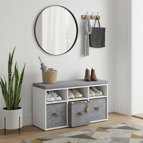 Banco arrumação 87 x 30,3 x 48 cm com 6 compartimentos e 3 caixas, banco para sapatos para a entrada, branco-cinza