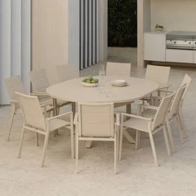 Conjunto De Mesa Extensível Redonda Barces 145-200x145 Cm E 10 Cadeiras De Jardim Empilháveis Em Alumínio Karena Com Braços Tapioca Bege - Sklum