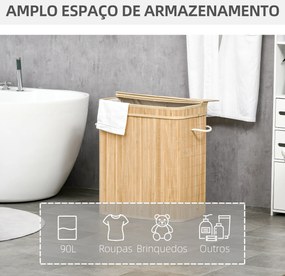 Cesto de Roupa Suja 90L em Bambu com 2 Compartimentos Alças e Bolsa Interna Removível 54,2x35,2x59,5 cm Madeira