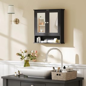 Armário de Casa de Banho com Espelho Armário de Parede com 2 Portas Prateleira Aberta e Ajustável 56x13x58cm Preto