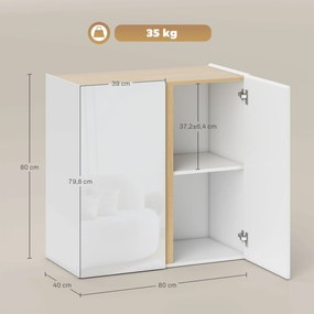 Aparador de alto brilho, móvel de arrumação com 2 portas com fecho amortecido e prateleira ajustável, 80 x 40 x 80 cm, branco