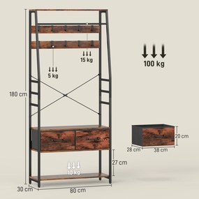Móvel de entrada 6 em 1: cabideiro, varão para roupa, prateleira, 2 gavetas, 10 ganchos, 80 x 30 x 180 cm, castanho rústico