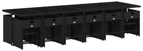 17 pcs conjunto de jantar p/ jardim c/ almofadões vime PE preto
