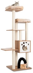 Arranhador moderno para gatos de interior de 176 cm Árvore para gatos de vários níveis com 2 poleiros Torre de madeira Tapetes para gatos bege