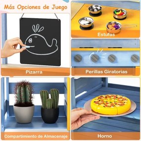 Cozinha de brincar com mesa de piquenique para crianças de madeira de abeto com banco Quadro negro Acessórios Utensílios Azul