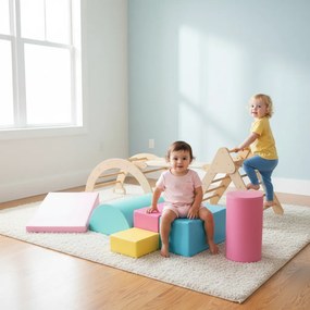 Conjunto 2 em 1 de escalada em madeira e brinquedos de espuma para crianças Materiais não tóxicos e seguros para o desenvolvimento infantil