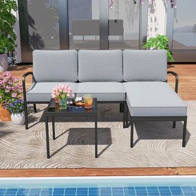 Conjunto de 3 Peças de Jardim: Sofá de 2 Lugares, Sofá em L e Mesa de Centro, 172,5 x 113 x 80 cm, Almofadas Laváveis, Cinzento
