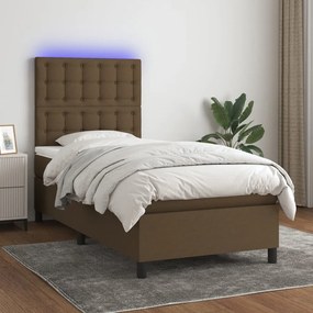 Cama box spring c/ colchão/LED 90x200 cm tecido castanho-escuro