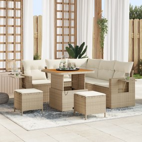 Conjunto de Sofá de Jardim com 8 Peças e Almofadas Bege Rattan Poliést