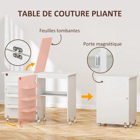 Mesa de costura dobrável 59 C x 40 P x 79,5 A cm (dobrada), móvel de costura com aba, caixas de arrumação, prateleira aberta e Rodas, branca