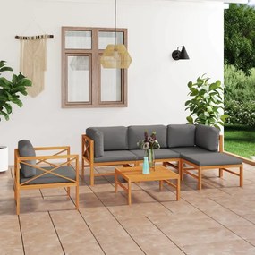vidaXL 6 pcs conj. lounge de jardim + almofadões cinzentos teca maciça