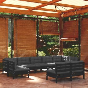 vidaXL 9 pcs conjunto lounge jardim c/ almofadões pinho maciço preto