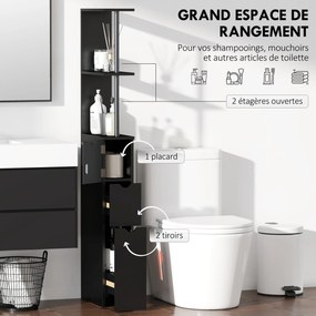 Móvel de coluna para casa de banho, armário de casa de banho com gavetas, prateleiras abertas e armário embutido, 15 x 33 x 136,8 cm, preto